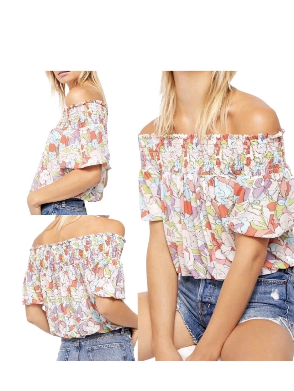 Free People Off-Shoulder Floral Bubble Smocked Women’s Top Size Medium